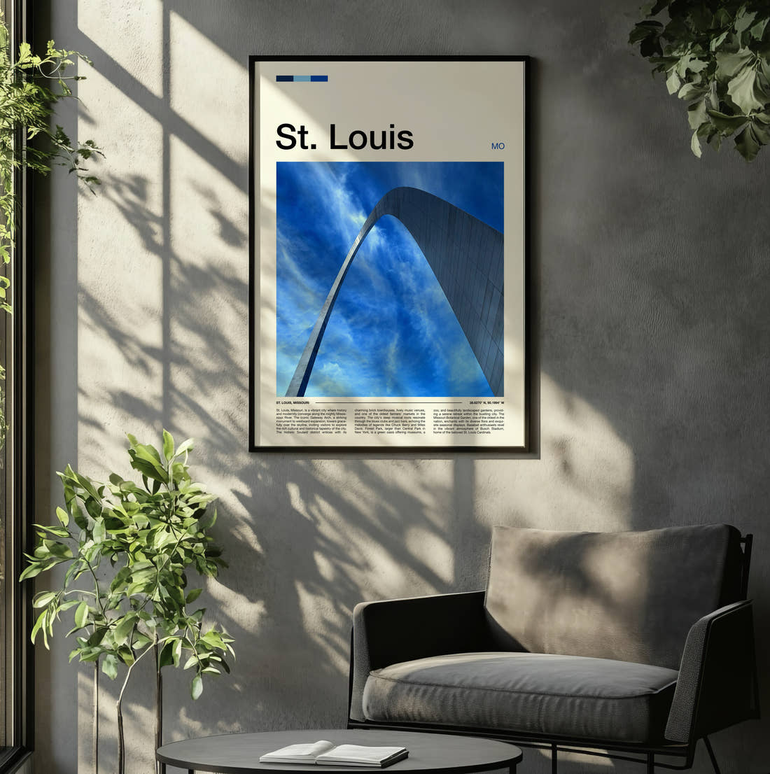 St Louis Gateway Arch Travel Print framed on the wall of a relaxed living room