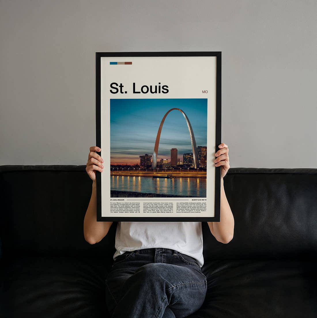 St Louis Gateway Arch At Sunset Travel Print held up by hand to show the size of the print