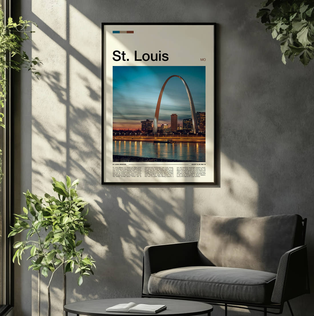 St Louis Gateway Arch At Sunset Travel Print framed on the wall of a relaxed living room