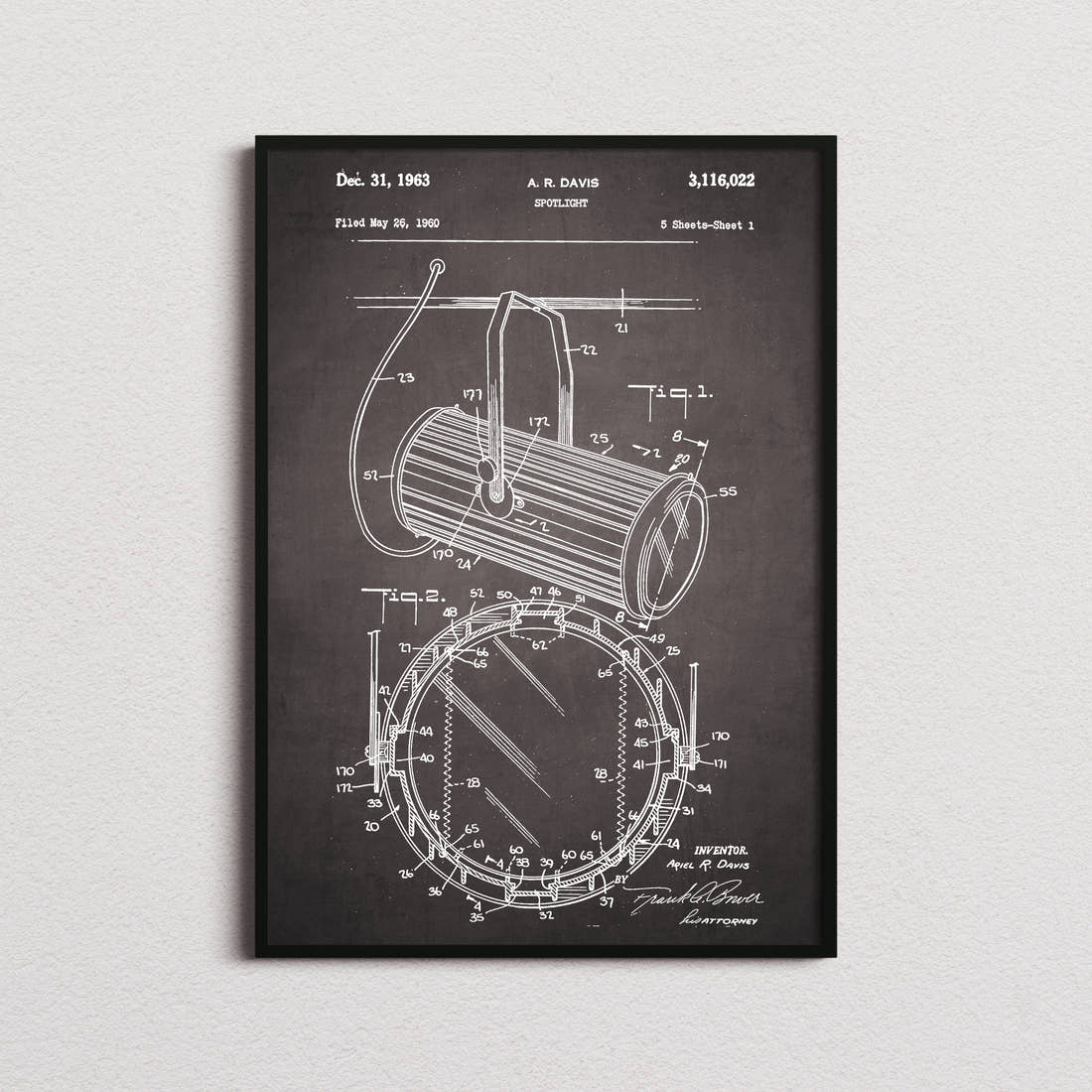 Stage Spotlight Patent Print in the blackboard colourway, framed