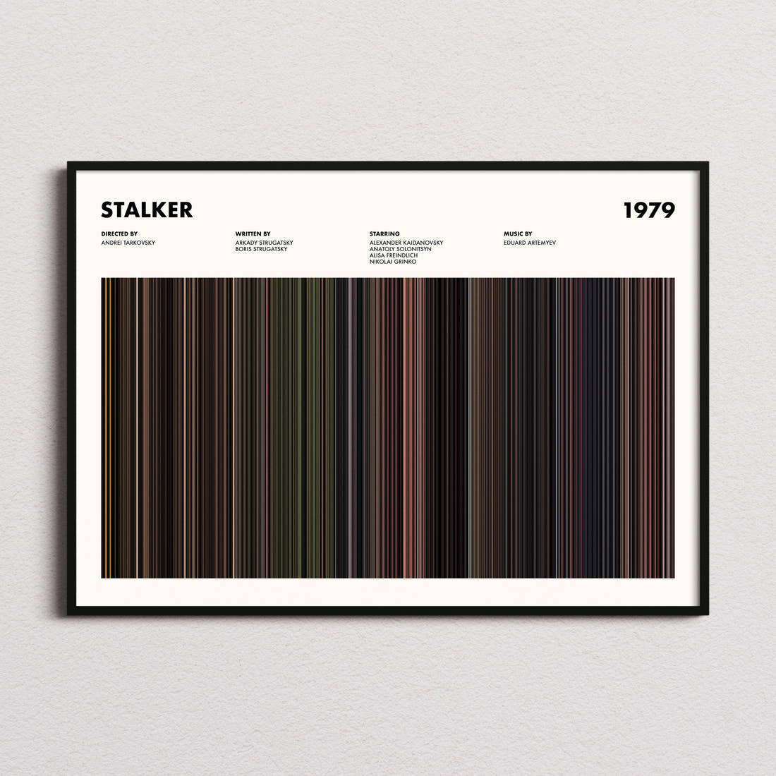 Stalker Movie Barcode Poster framed and photographed straight on