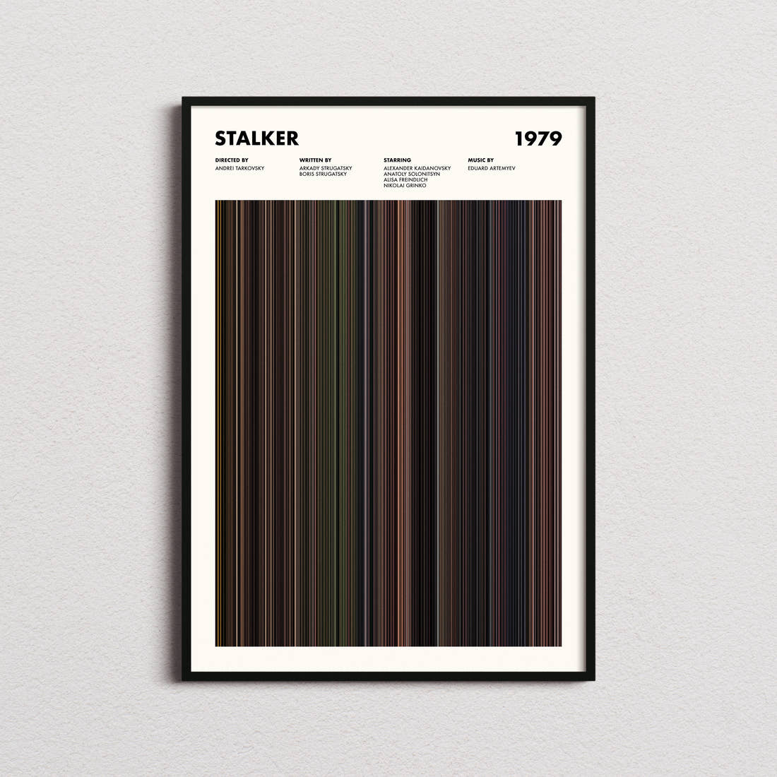Stalker Movie Barcode Poster framed on a plain studio wall