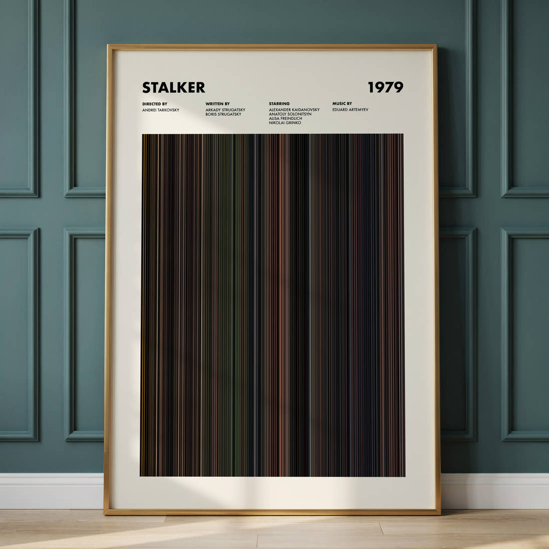 Stalker Movie Barcode Poster framed and leaning against a panelled wall