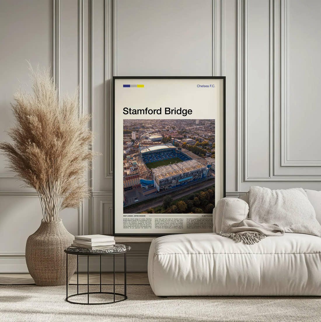 Stamford Bridge Stadium Print framed on the wall of a calm, neutral bedroom
