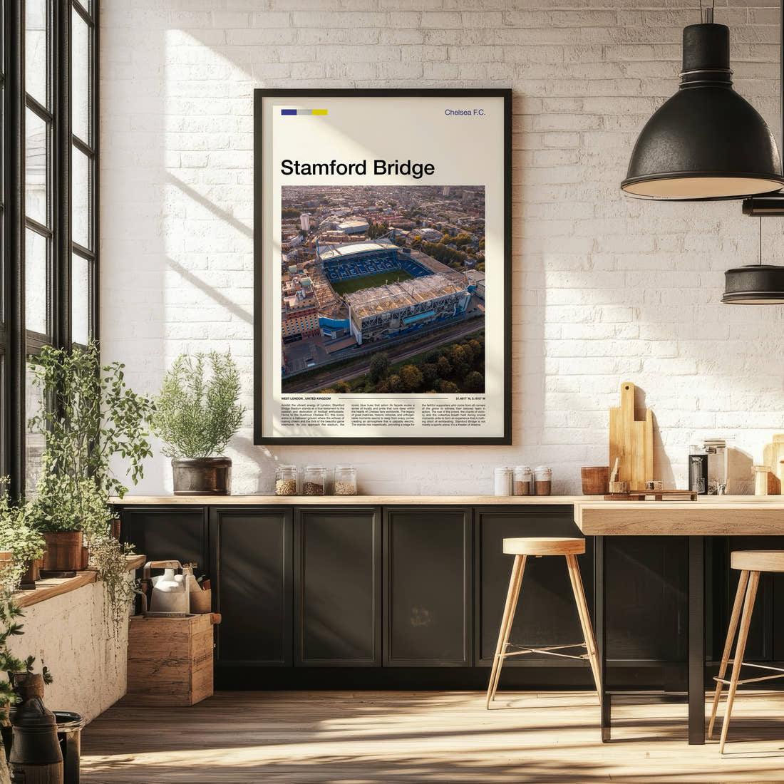 Stamford Bridge Stadium Print framed on the wall of a bright kitchen and dining space