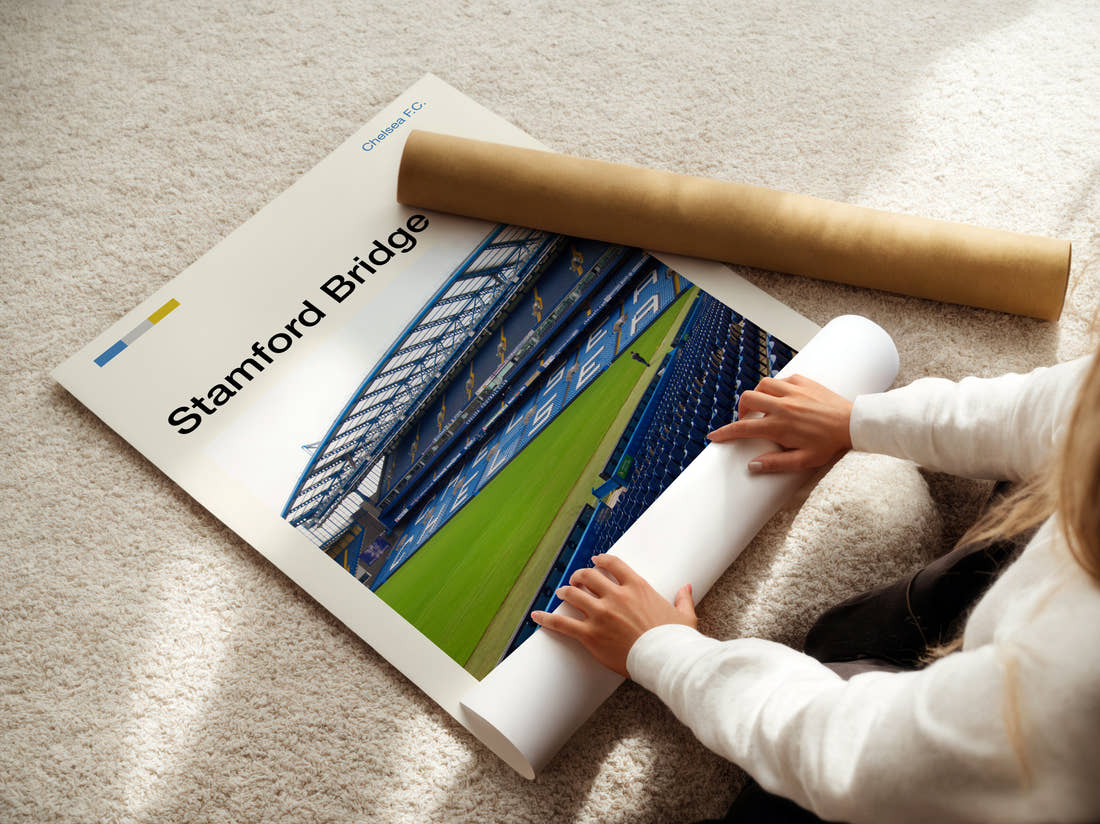 Stamford Bridge Stadium Print being unrolled from its postal tube
