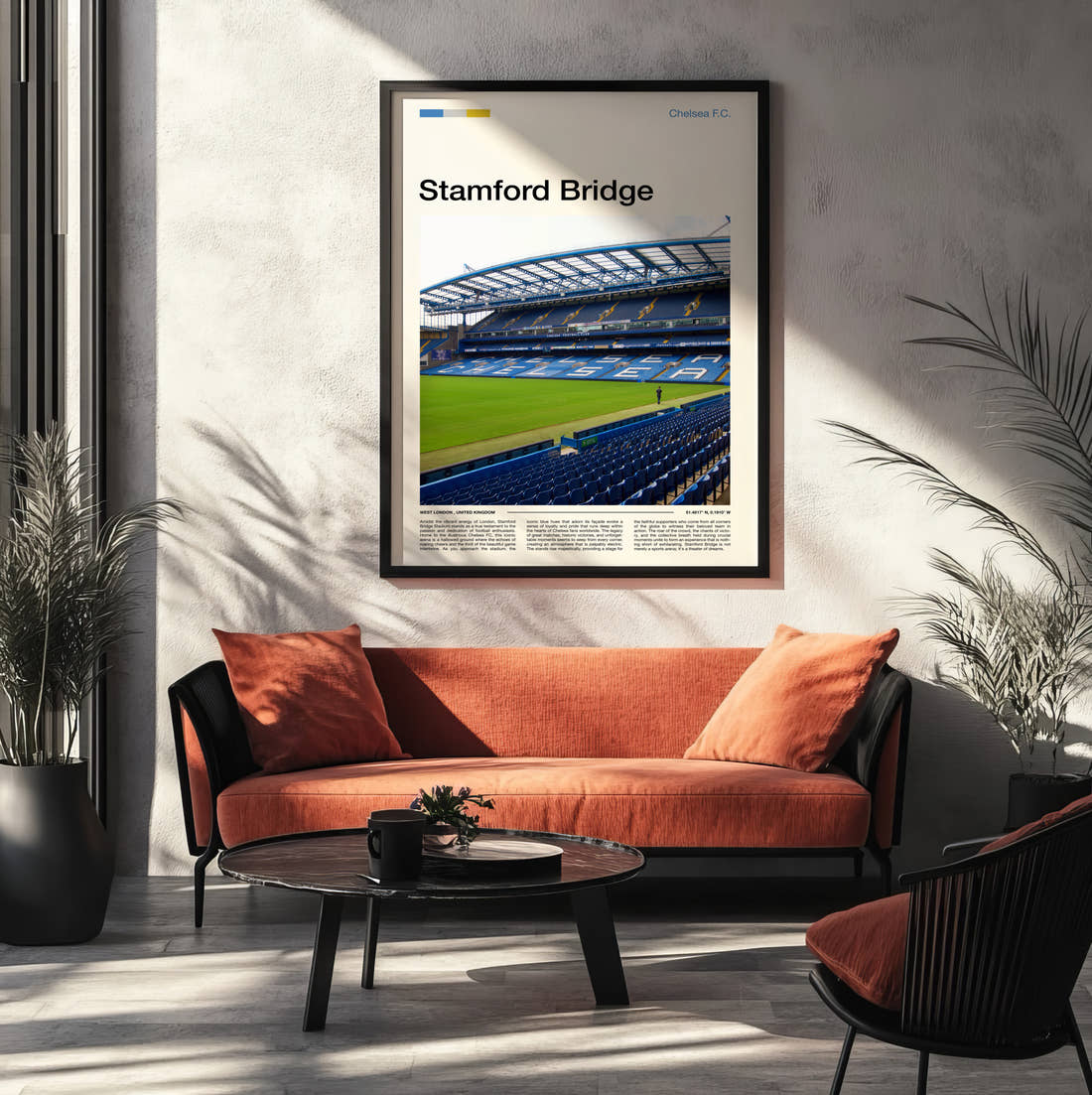 Stamford Bridge Stadium Print framed on the wall of a modern living room