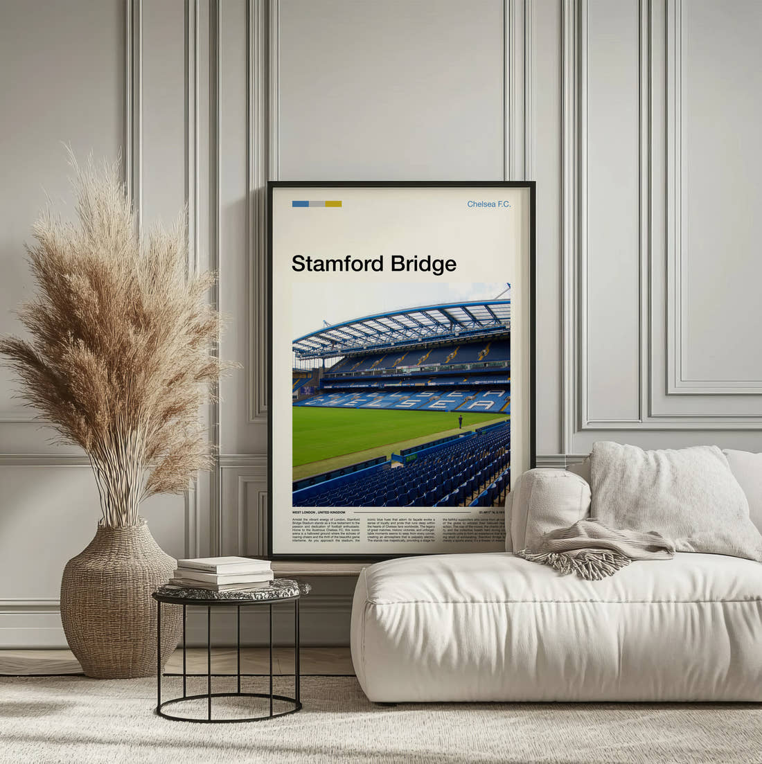 Stamford Bridge Stadium Print framed on the wall of a calm, neutral bedroom