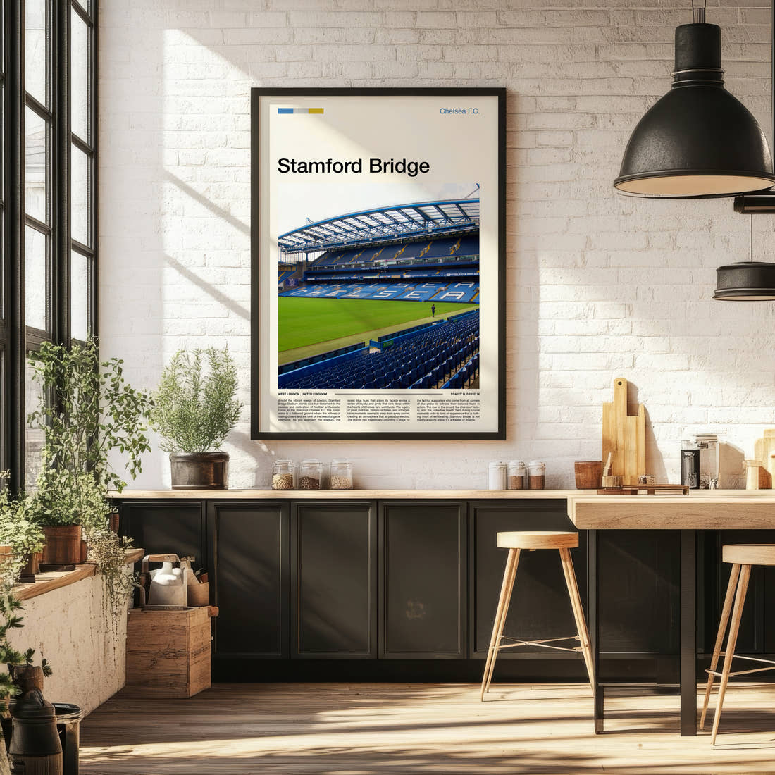 Stamford Bridge Stadium Print framed on the wall of a bright kitchen and dining space