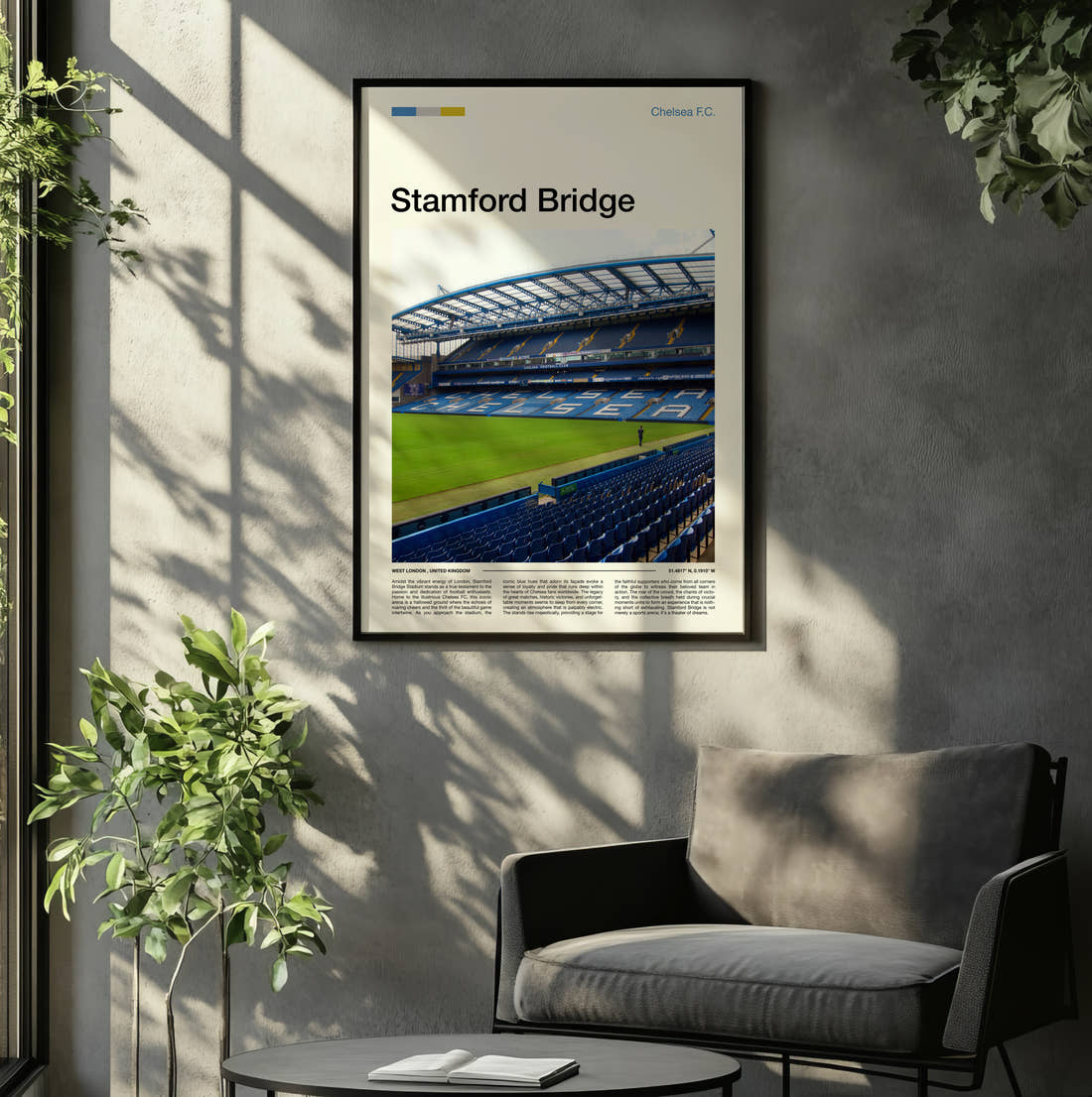 Stamford Bridge Stadium Print framed on the wall of a relaxed living room