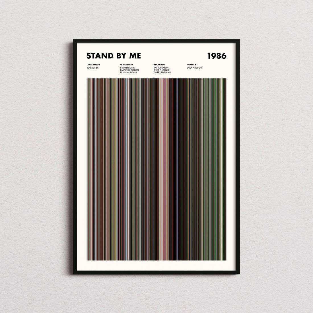 Stand By Me Movie Barcode Poster framed on a plain studio wall