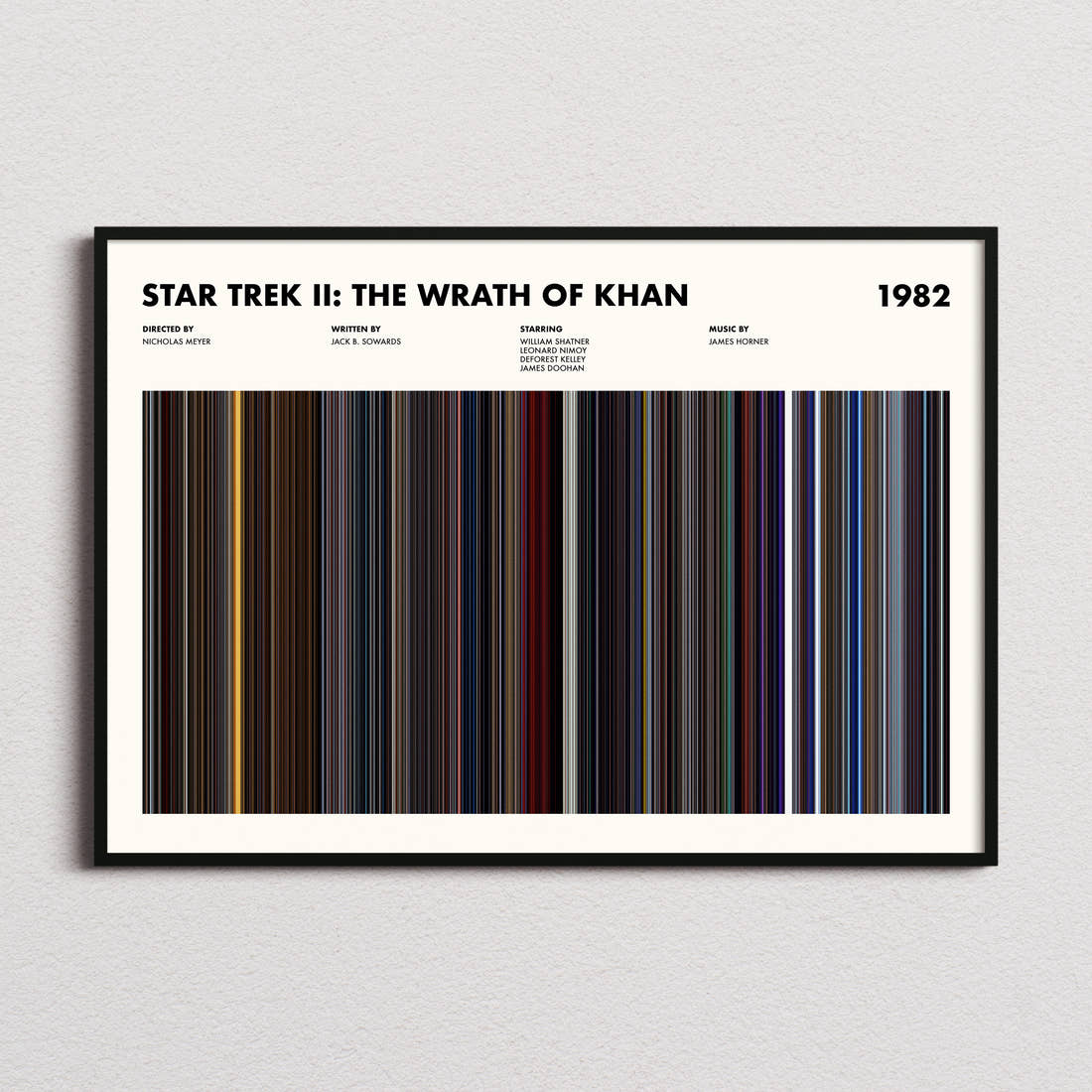 Star Trek 2 The Wrath Of Khan Movie Barcode Poster framed and photographed straight on