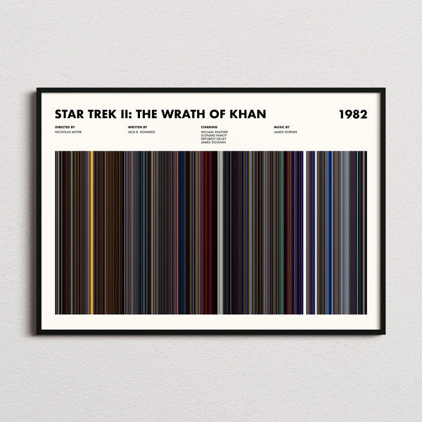 Star Trek 2 The Wrath Of Khan Movie Barcode Poster framed and photographed straight on