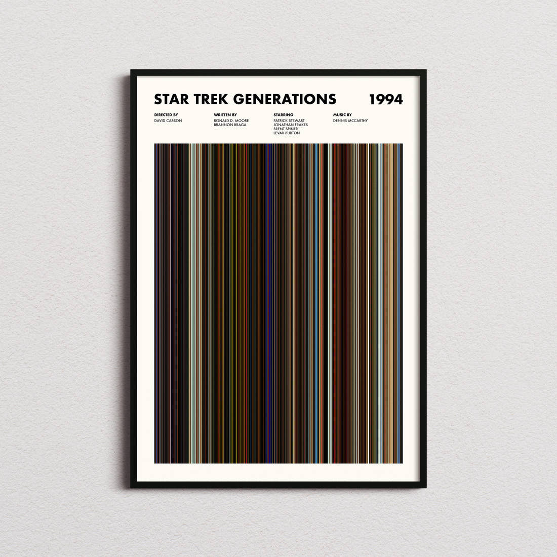 Star Trek Generations Movie Barcode Poster framed on a plain studio wall