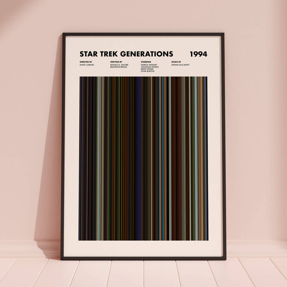 Star Trek Generations Movie Barcode Poster framed and leaning against a coloured wall