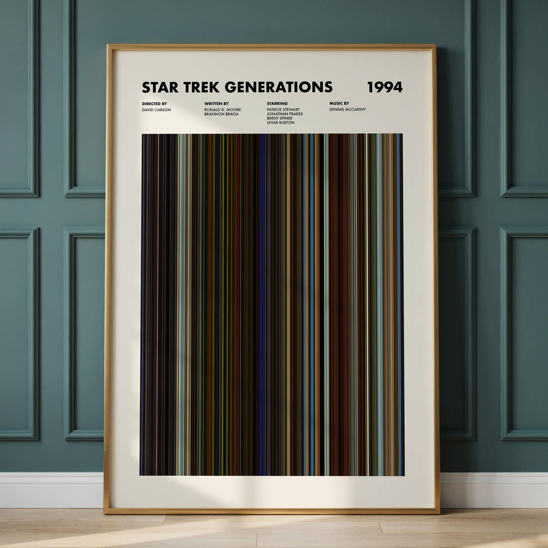 Star Trek Generations Movie Barcode Poster framed and leaning against a panelled wall