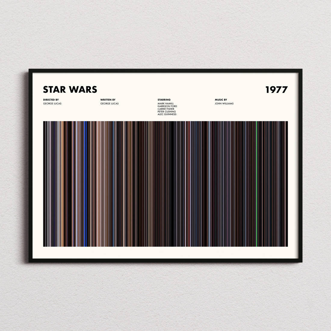Star Wars Movie Barcode Poster framed and photographed straight on