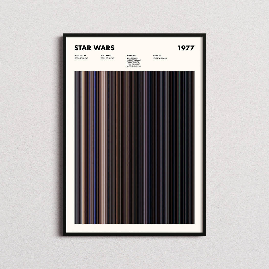 Star Wars Movie Barcode Poster framed on a plain studio wall