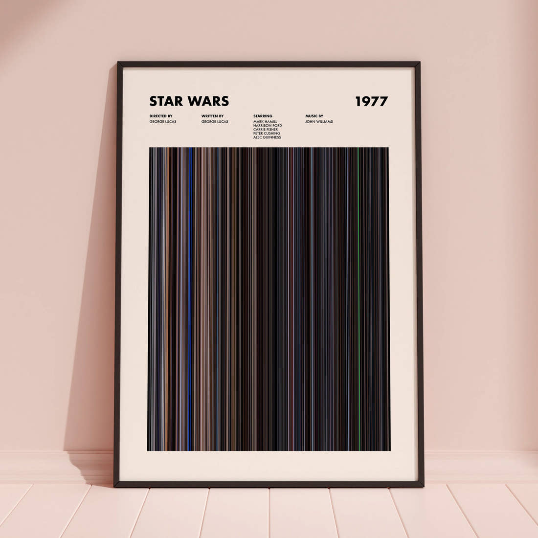 Star Wars Movie Barcode Poster framed and leaning against a coloured wall