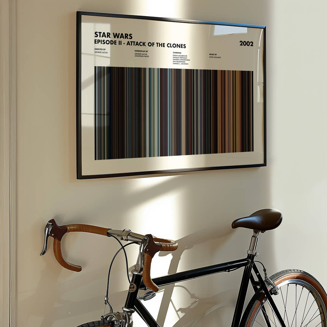 Star Wars: Episode II Attack of the Clones Movie Barcode Poster framed on the wall of a styled room setting