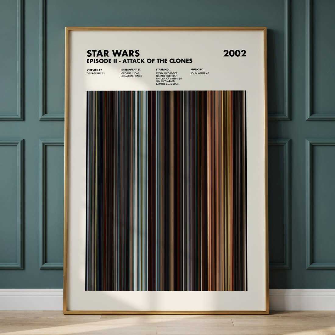 Star Wars: Episode II Attack of the Clones Movie Barcode Poster framed and leaning against a panelled wall