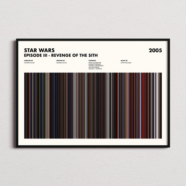 Star Wars: Episode III Revenge of the Sith Movie Barcode Poster framed and photographed straight on