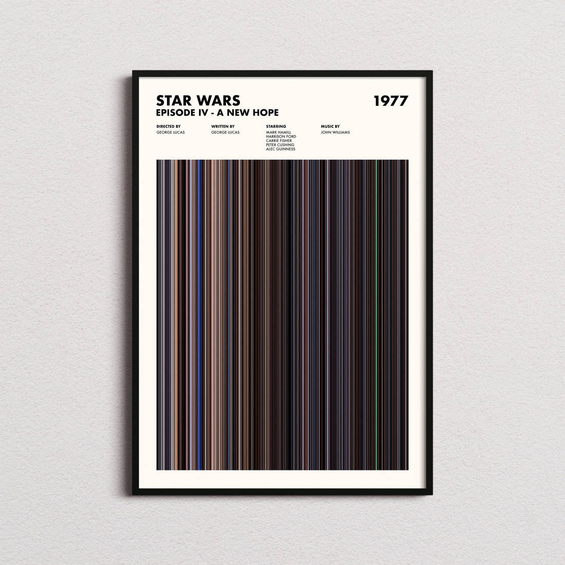 Star Wars: Episode IV A New Hope Movie Barcode Poster framed on a plain studio wall