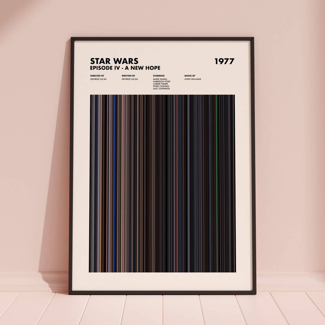 Star Wars: Episode IV A New Hope Movie Barcode Poster framed and leaning against a coloured wall