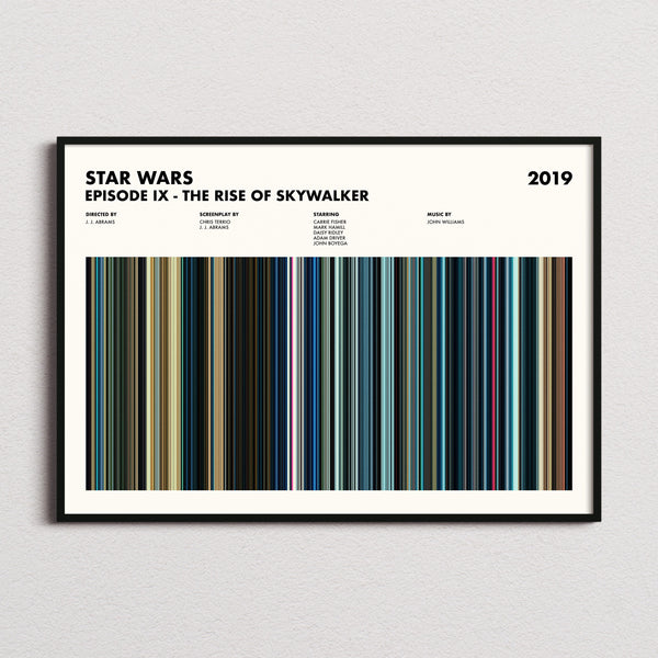 Star Wars: Episode IX The Rise of Skywalker Movie Barcode Poster framed and photographed straight on