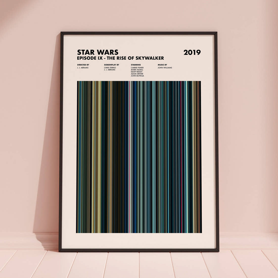 Star Wars: Episode IX The Rise of Skywalker Movie Barcode Poster framed and leaning against a coloured wall