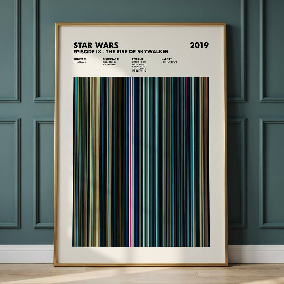 Star Wars: Episode IX The Rise of Skywalker Movie Barcode Poster framed and leaning against a panelled wall