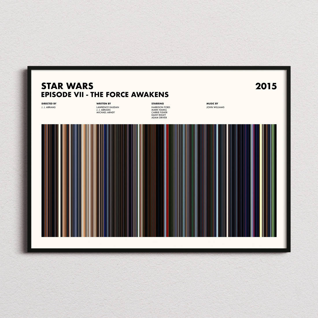 Star Wars: Episode VII The Force Awakens Movie Barcode Poster framed and photographed straight on