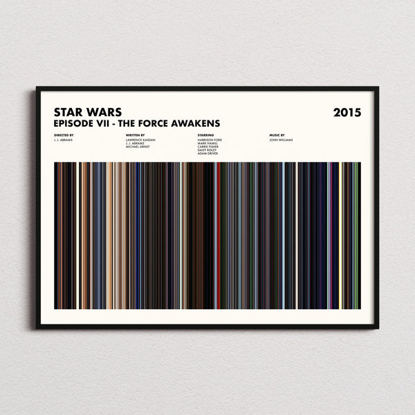 Star Wars: Episode VII The Force Awakens Movie Barcode Poster framed and photographed straight on