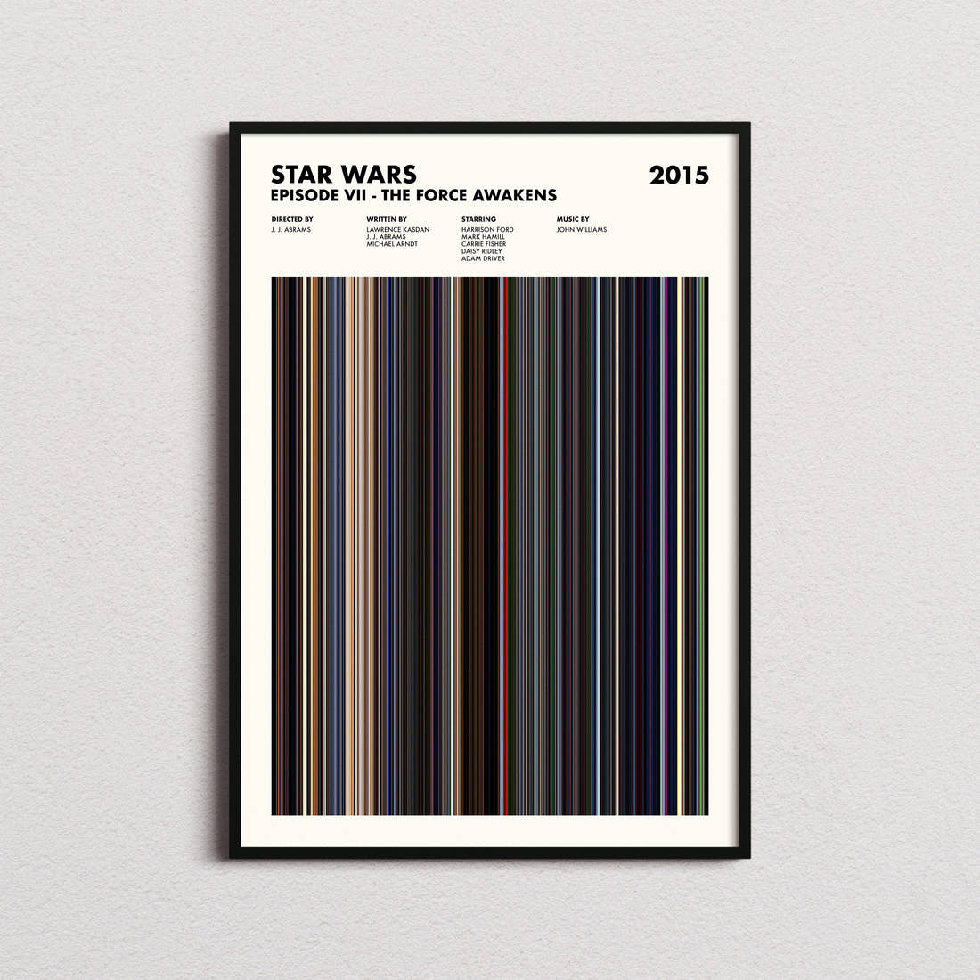 Star Wars: Episode VII The Force Awakens Movie Barcode Poster framed on a plain studio wall