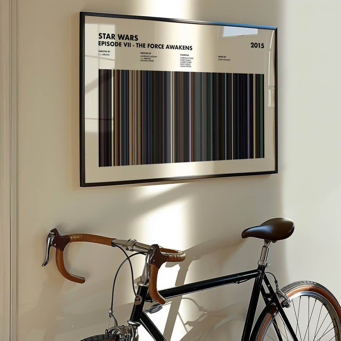 Star Wars: Episode VII The Force Awakens Movie Barcode Poster framed on the wall of a styled room setting