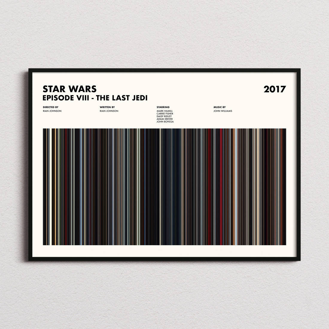 Star Wars: Episode VIII The Last Jedi Movie Barcode Poster framed and photographed straight on