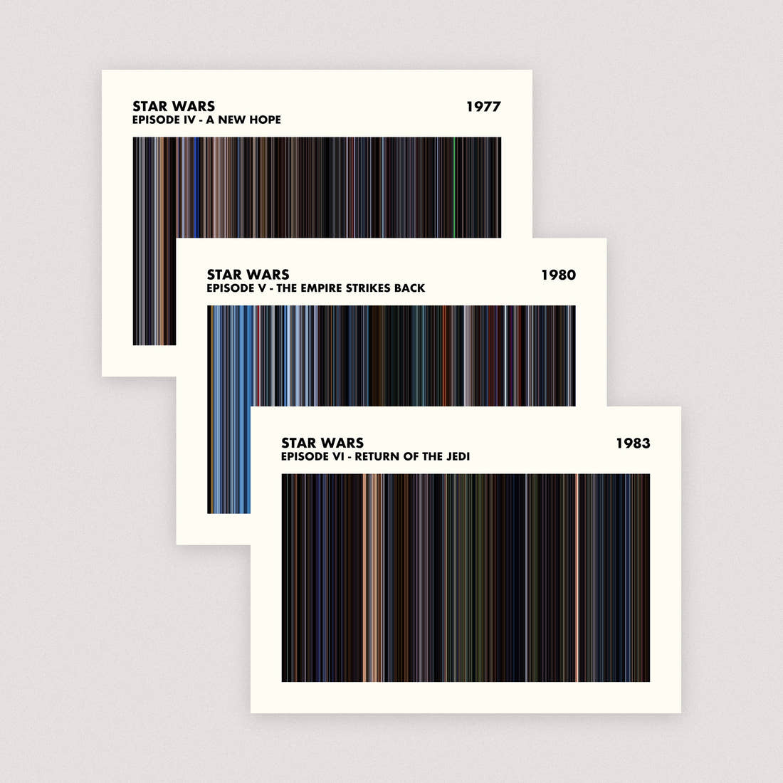 The Star Wars trilogy as three A5 movie barcode prints, Simplified layout
