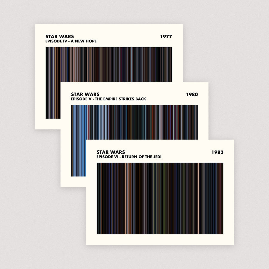 The Star Wars Trilogy — Set of 3 A5 Movie Barcode Prints (Simplified layout)
