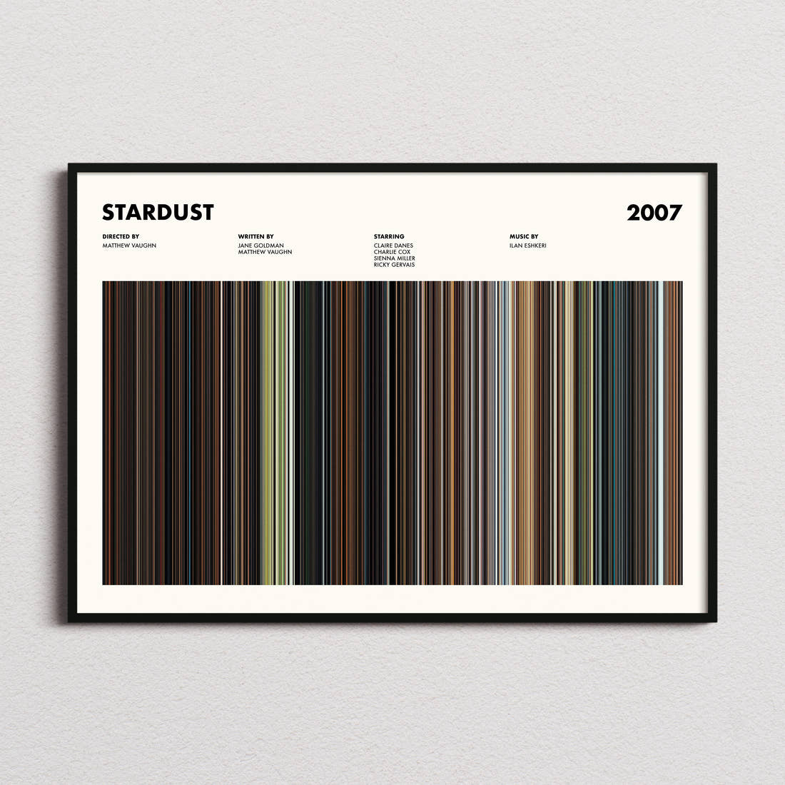 Stardust Movie Barcode Poster framed and photographed straight on