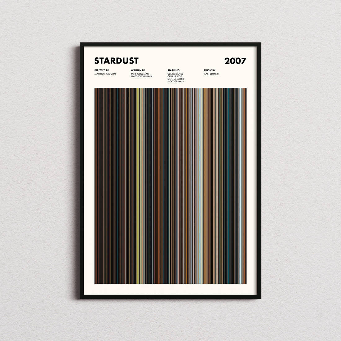 Stardust Movie Barcode Poster framed on a plain studio wall