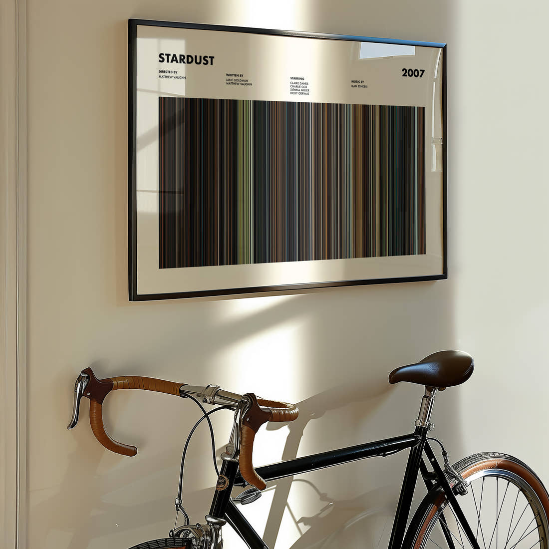 Stardust Movie Barcode Poster framed on the wall of a styled room setting