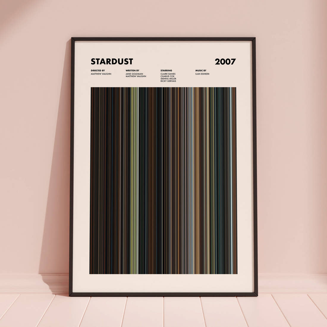 Stardust Movie Barcode Poster framed and leaning against a coloured wall