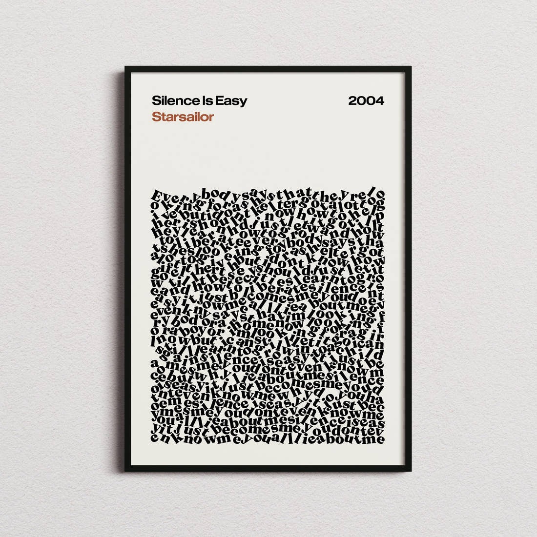Starsailor Silence Is Easy Lyric Print in the cream colourway, framed
