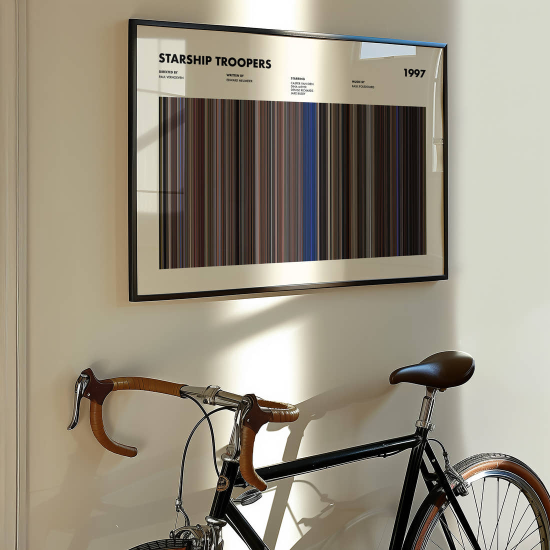 Starship Troopers Movie Barcode Poster framed on the wall of a styled room setting