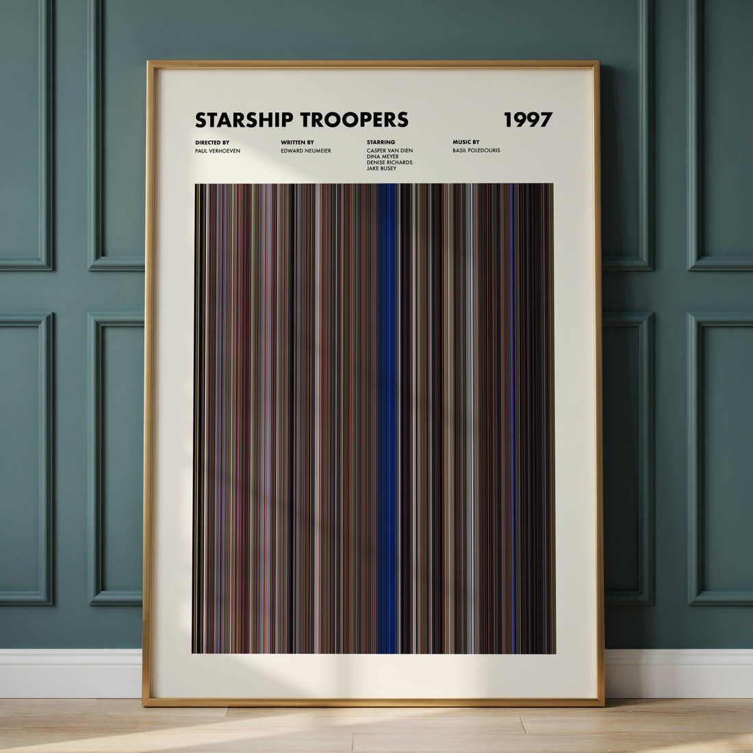 Starship Troopers Movie Barcode Poster framed and leaning against a panelled wall