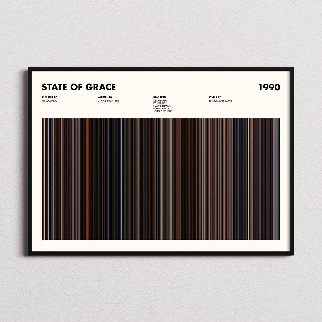 State of Grace Movie Barcode Poster framed and photographed straight on