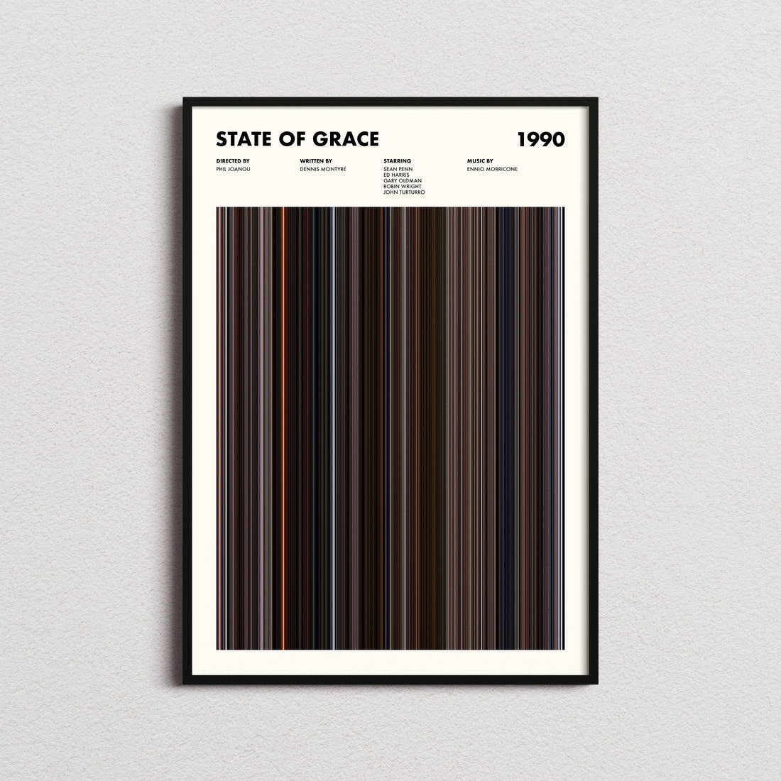 State of Grace Movie Barcode Poster framed on a plain studio wall