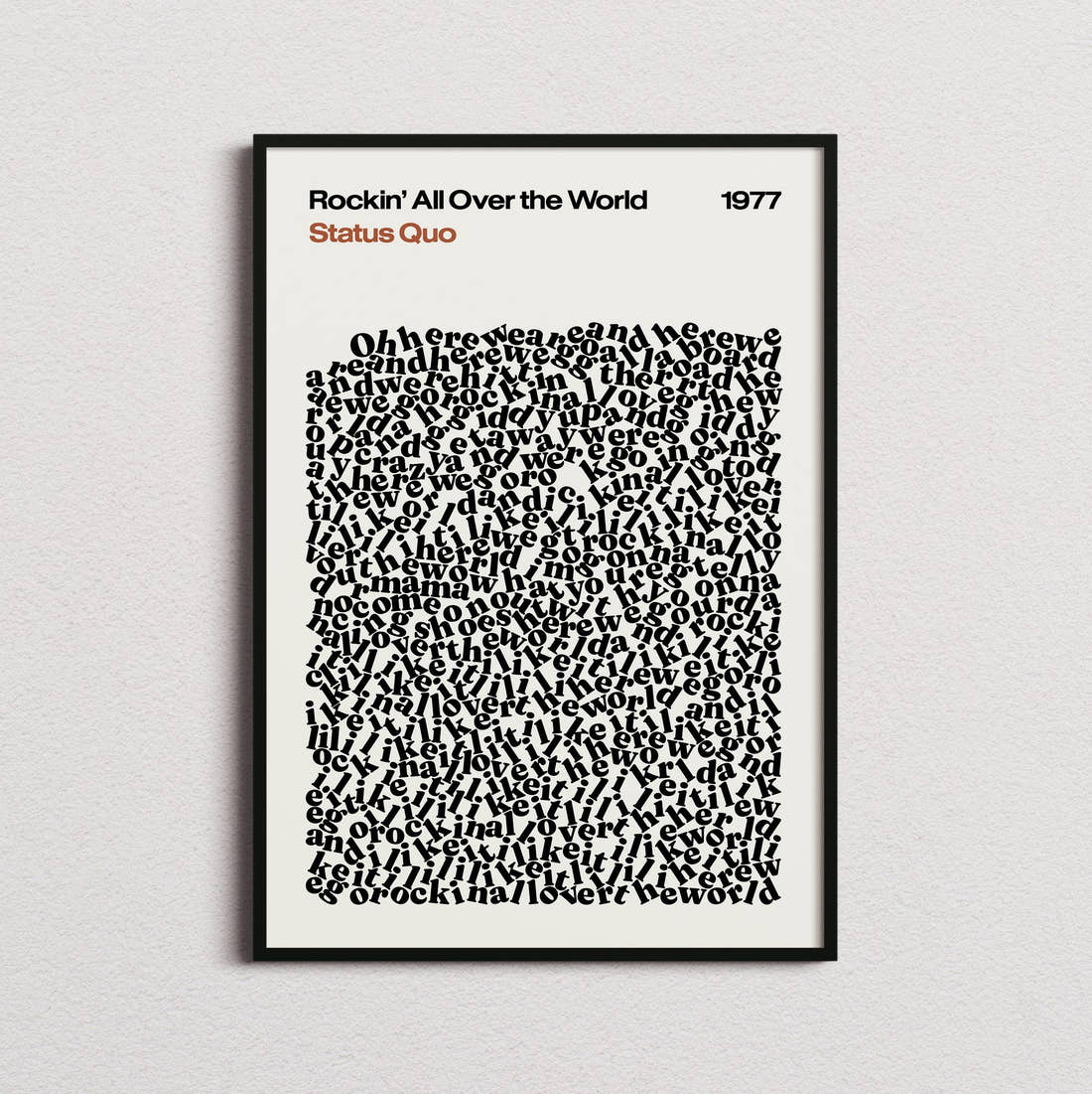 Status Quo Rockin' All Over the World Lyric Print in the cream colourway, framed