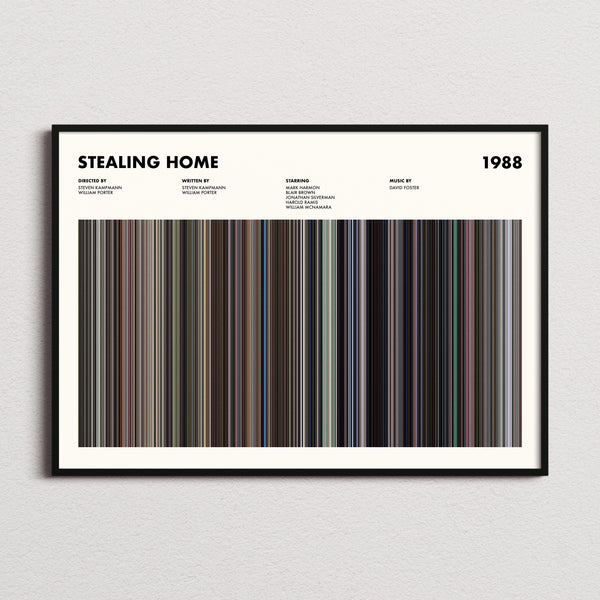 Stealing Home Movie Barcode Poster framed and photographed straight on