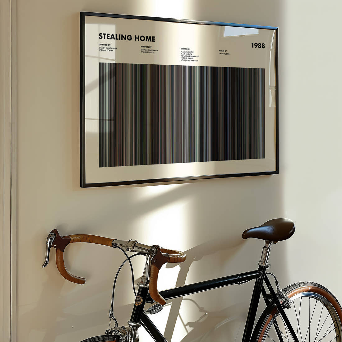 Stealing Home Movie Barcode Poster framed on the wall of a styled room setting